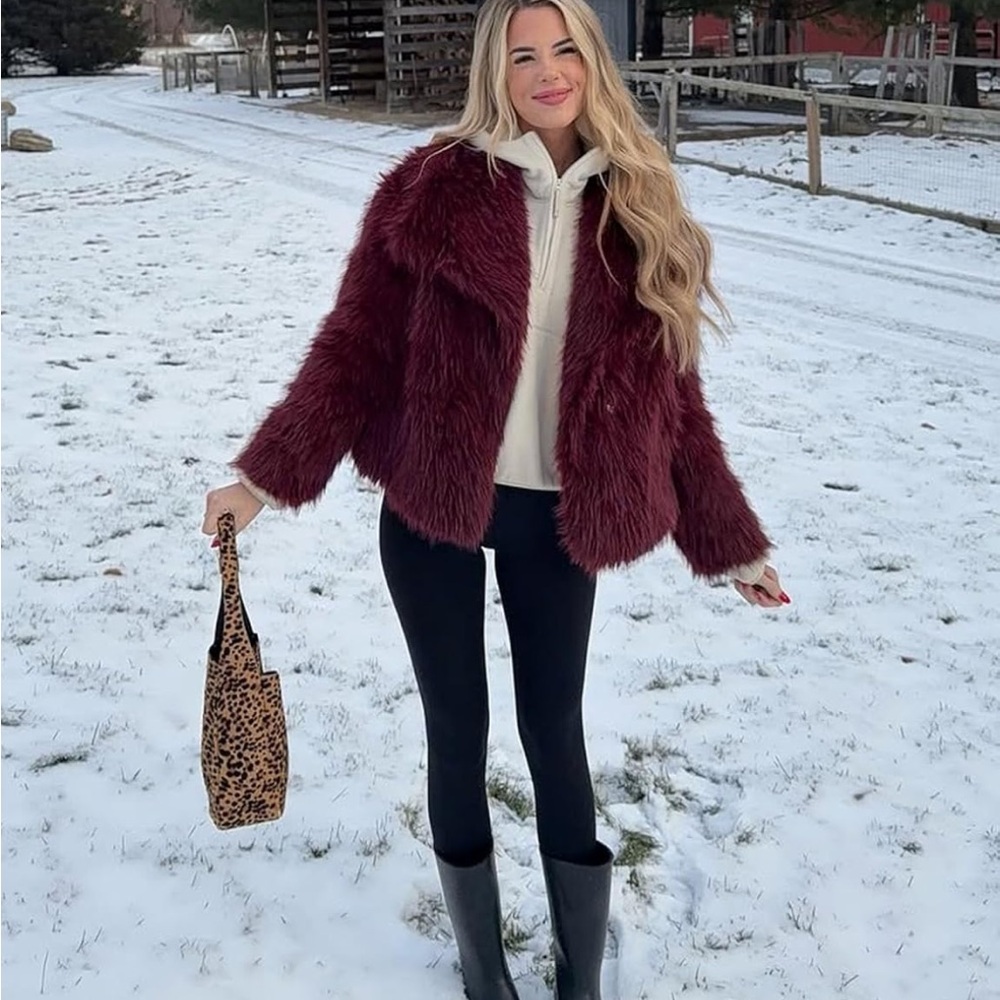 Women Burgundy Faux Fur Jacket shaggy warm winter jacket